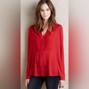 Women’s Maeve De Stijl Blouse Red Long Sleeve Size US 2 Half Buttons Embroidered